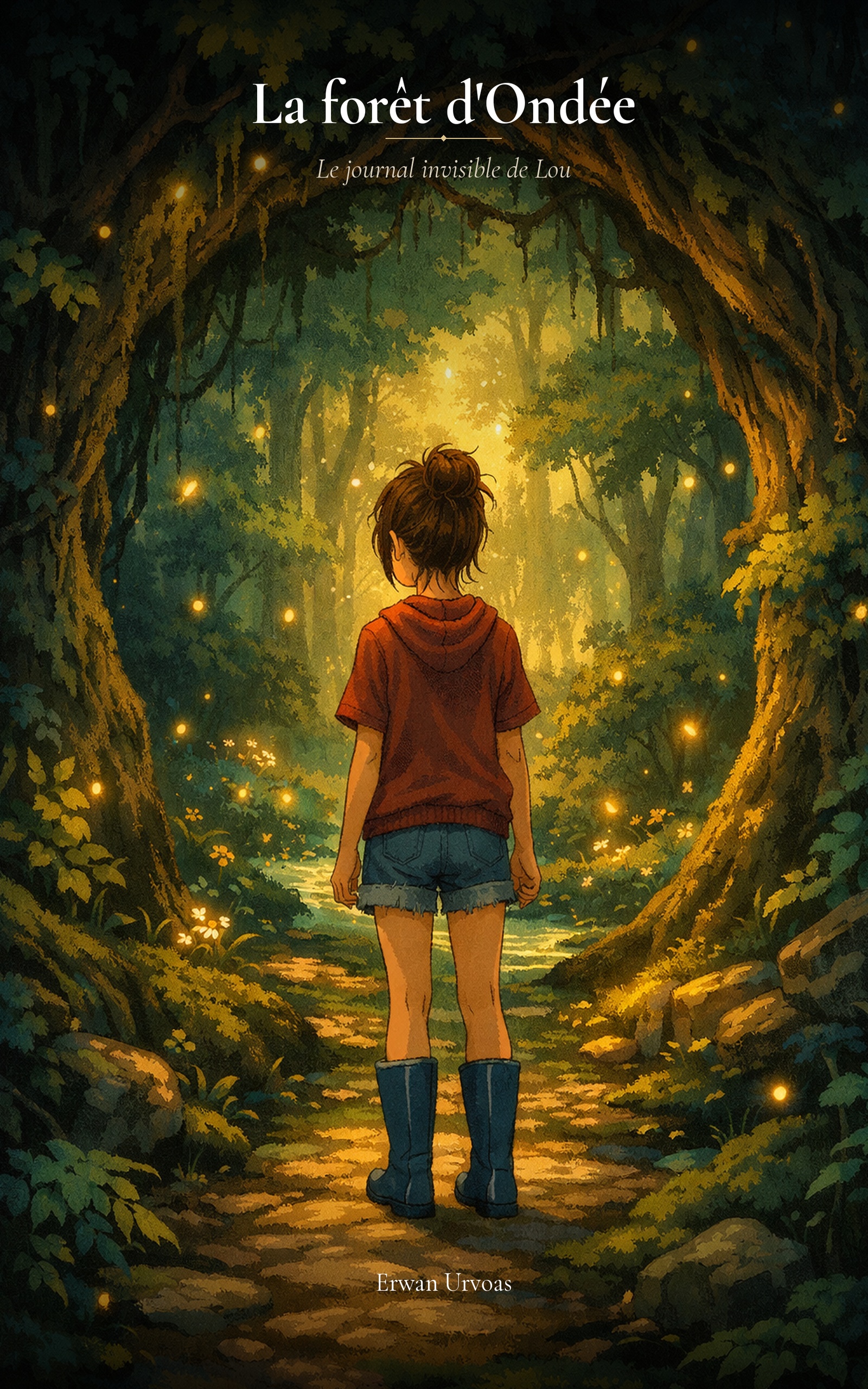 Couverture du roman La forêt d'Ondée — une jeune fille face à une forêt enchantée illuminée de lucioles